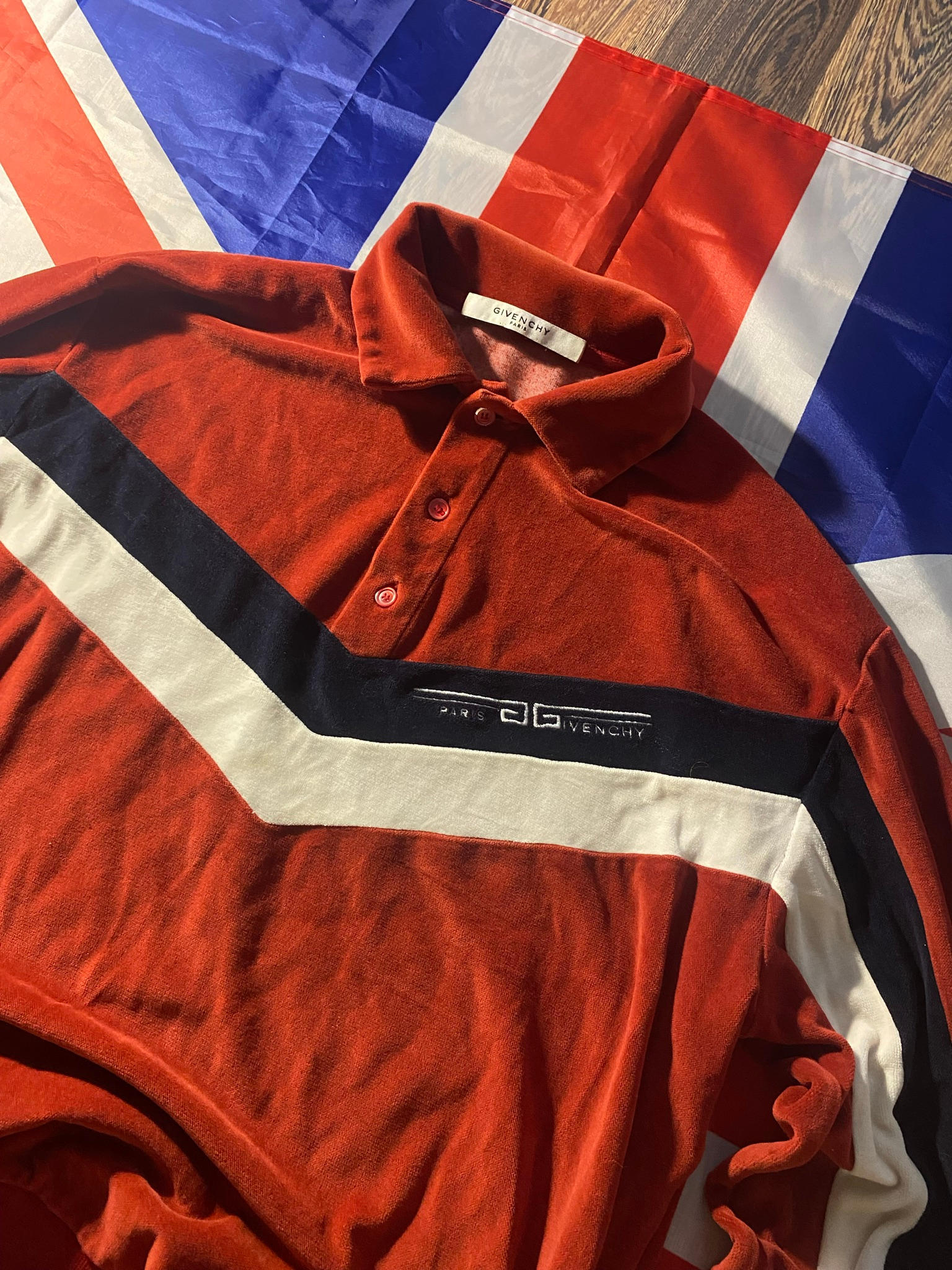 Givenchy Chevron Striped Cotton Blend Velvet Polo Shirt, миниатюра 1