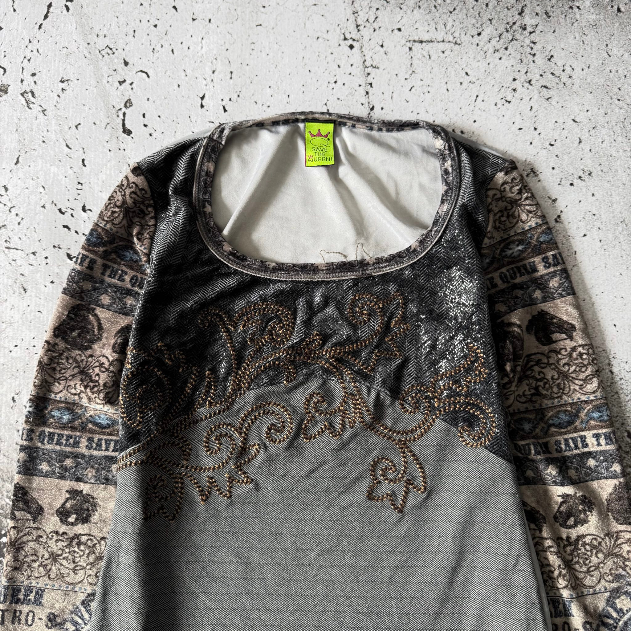 Save The Queen! 2000s Y2K Vintage Velour Long Sleeve Shirt, миниатюра 3