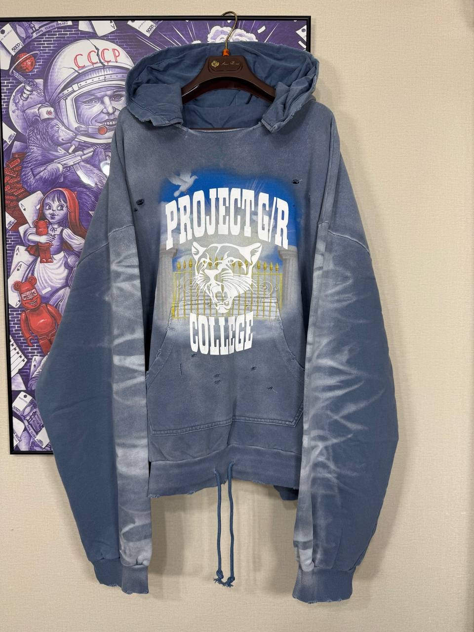Project G/R College Mixed Printed Vintage Blue Hoodie, миниатюра 1