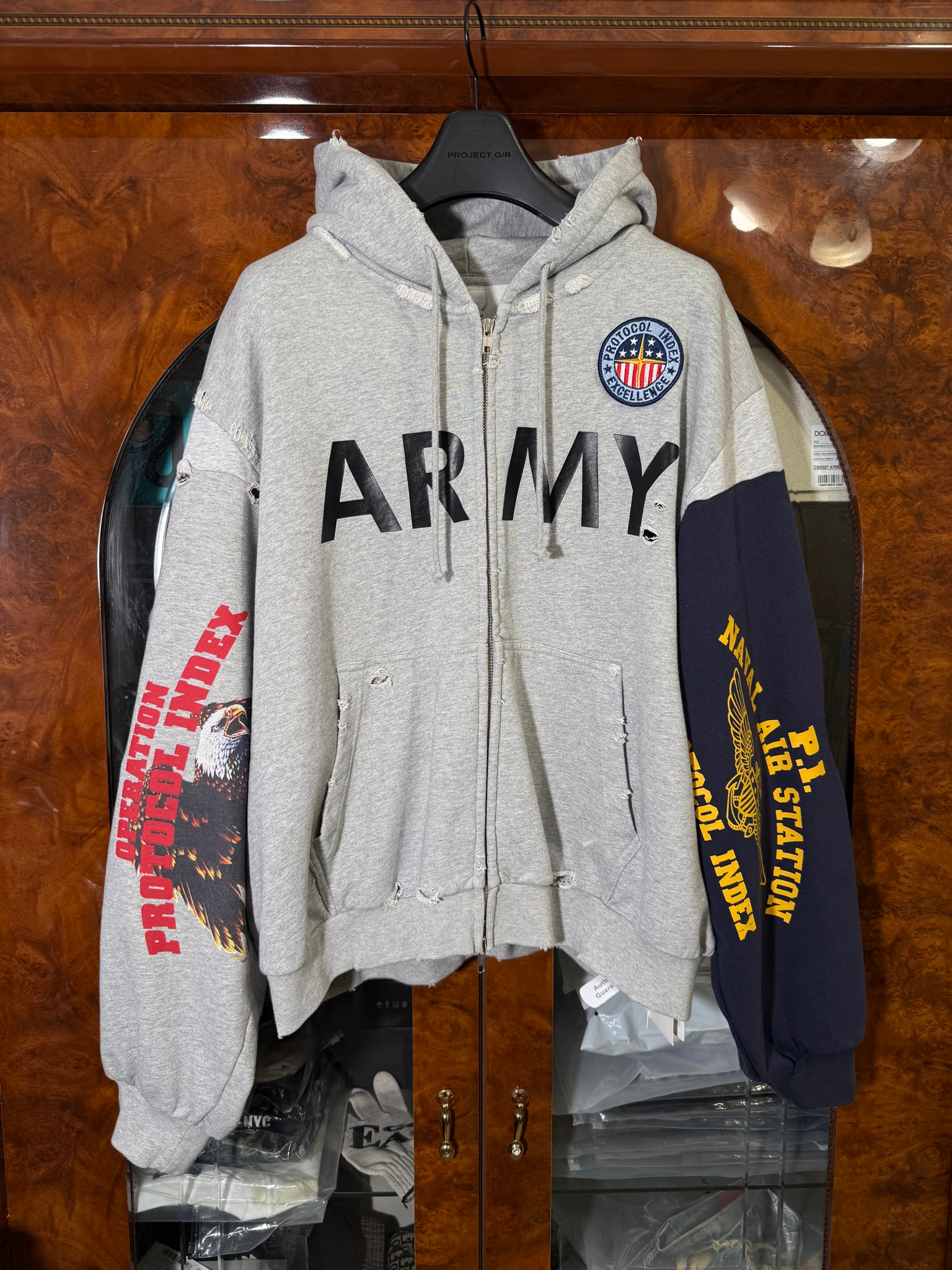 Protocol Index ARMY Reconstructed Sweatshirts Melange Grey Zip Hoodie, миниатюра 1