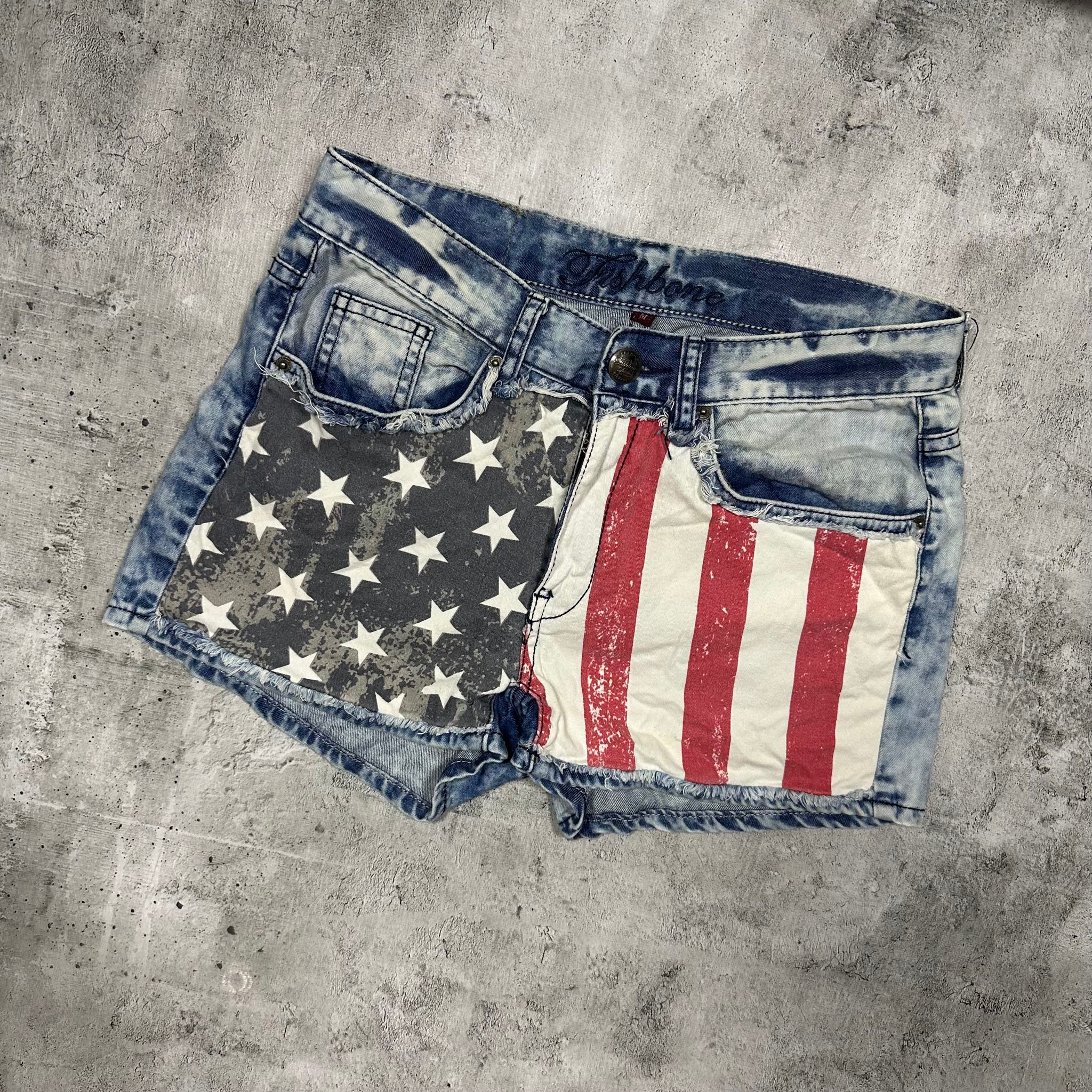 Fishbone Mini skirt shorts denim USA flag, миниатюра 6