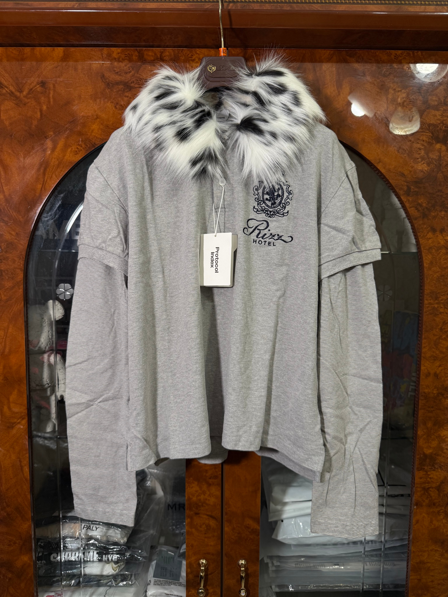 Protocol Index Fur Collar Layered Gray Polo Shirts, миниатюра 1