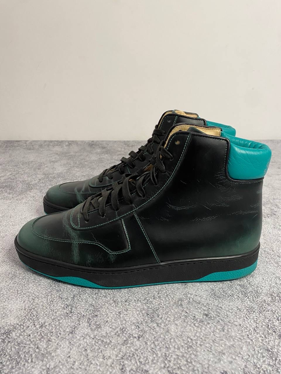 Gucci 'Teal Padded Collar & Contrast Stitching' Black Leather High-Top Sneakers, миниатюра 2