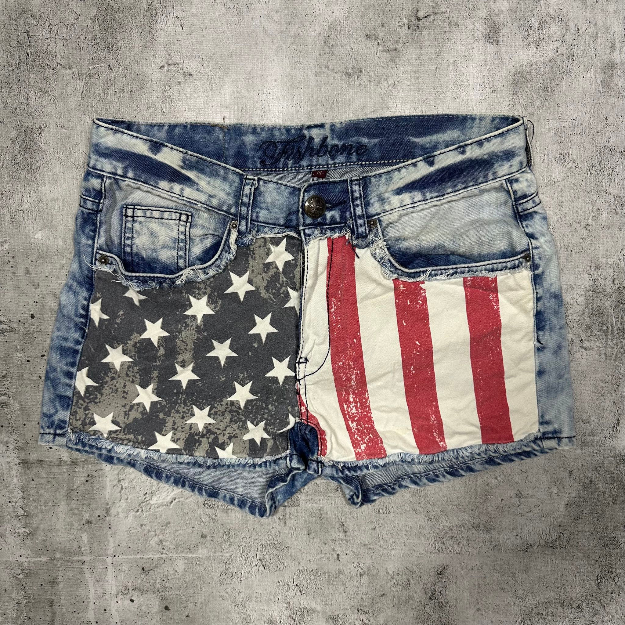 Fishbone Mini skirt shorts denim USA flag, миниатюра 1