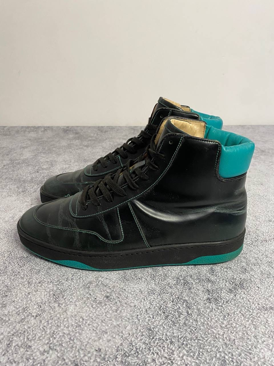 Gucci Gucci 'Teal Padded Collar & Contrast Stitching' Black Leather High-Top Sneakers, миниатюра 1