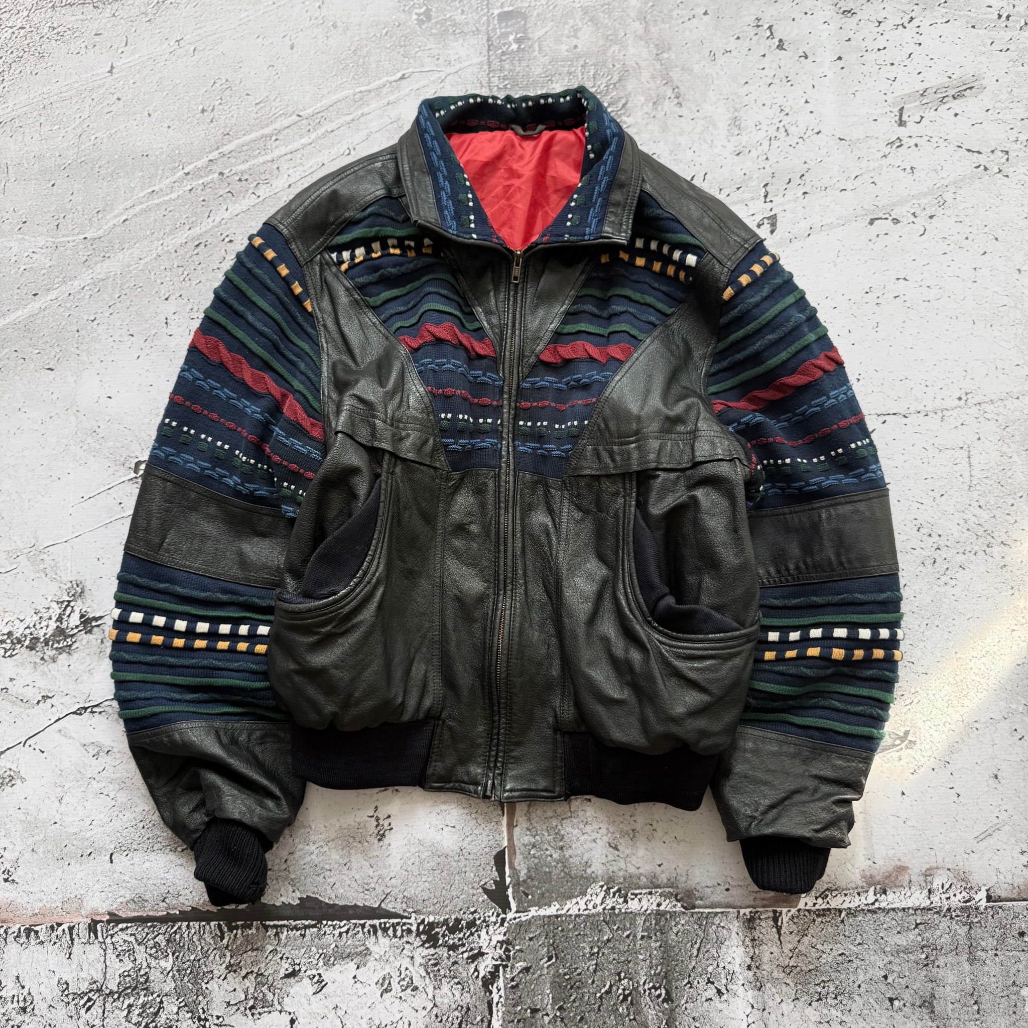 New Fast 1990s Vintage 3D Knit Leather Bomber Jacket, миниатюра 1