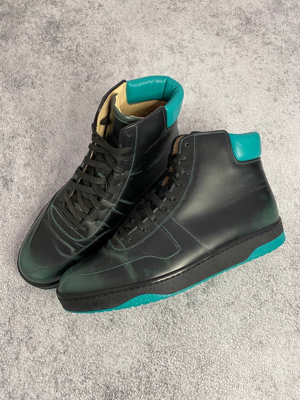 Gucci 'Teal Padded Collar & Contrast Stitching' Black Leather High-Top Sneakers, миниатюра 1