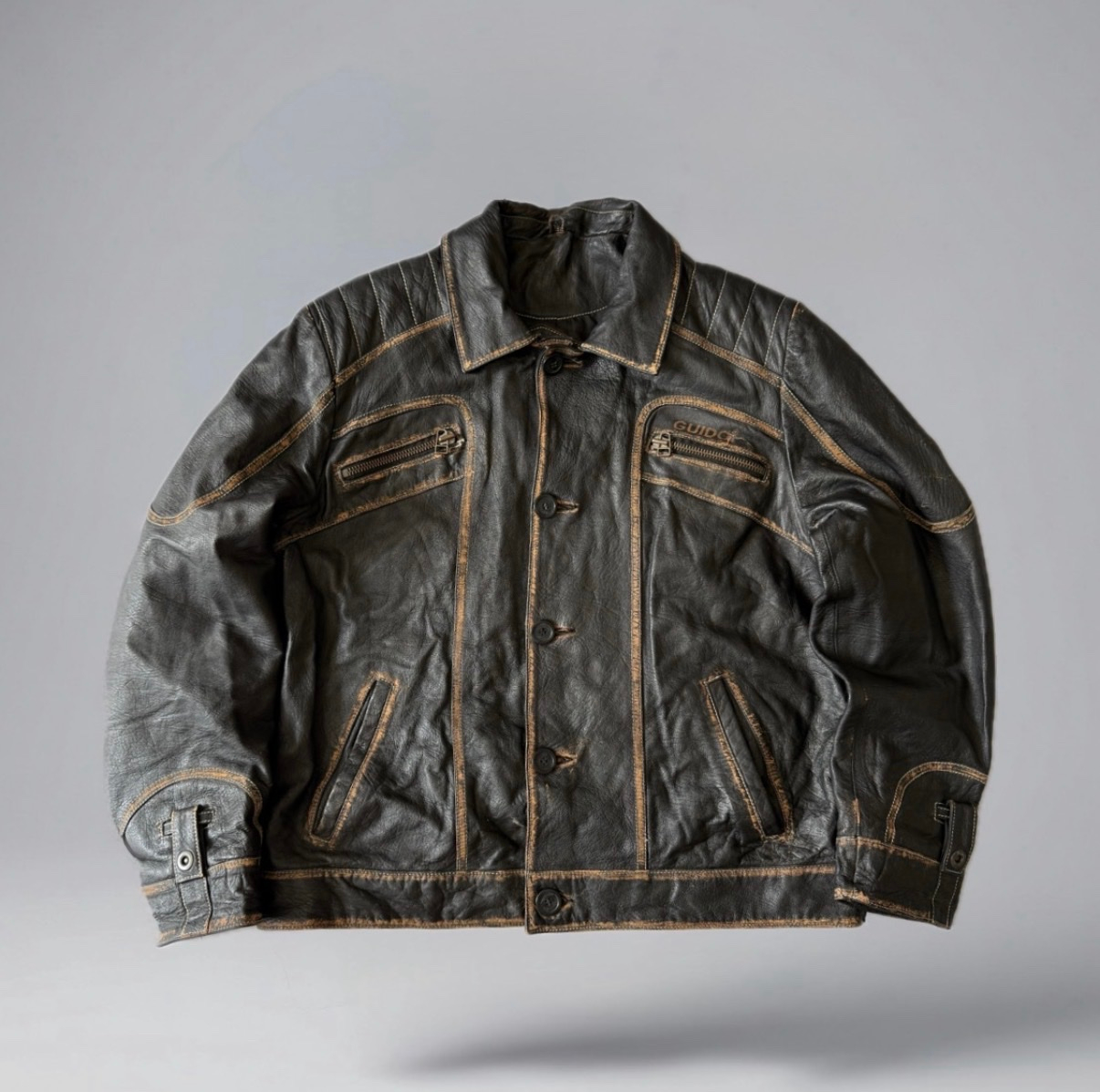 Guido Harmonia 1980-90s Vtg Button Up Heavy Leather Jacket, миниатюра 1