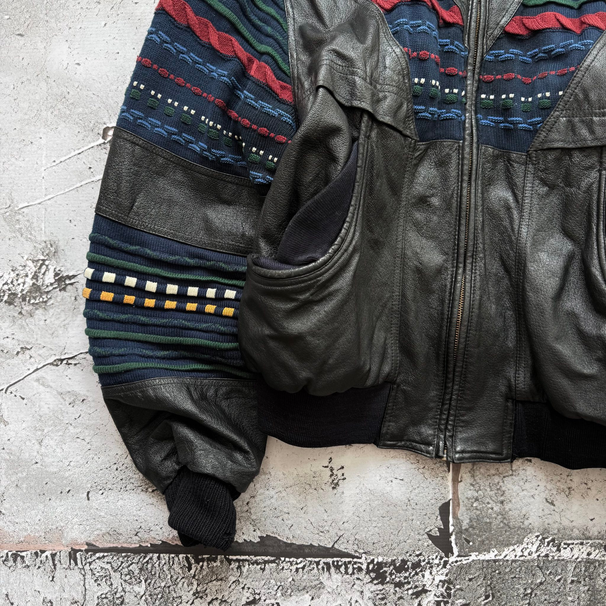 New Fast 1990s Vintage 3D Knit Leather Bomber Jacket, миниатюра 3
